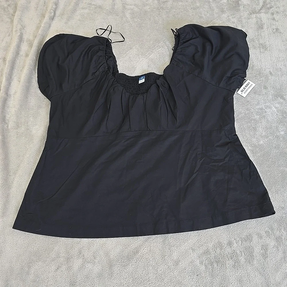 Old Navy Blouse Womens 3XL Black Puff Sleeve Shirred Sweetheart Neck Textured